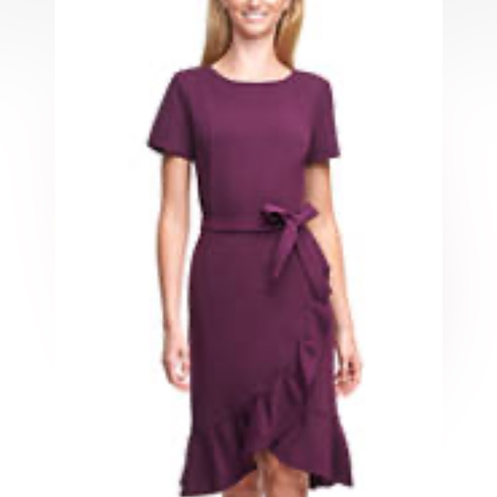 Calvin Klein aubergine ruffle hem tie waist short sleeve dress size 14